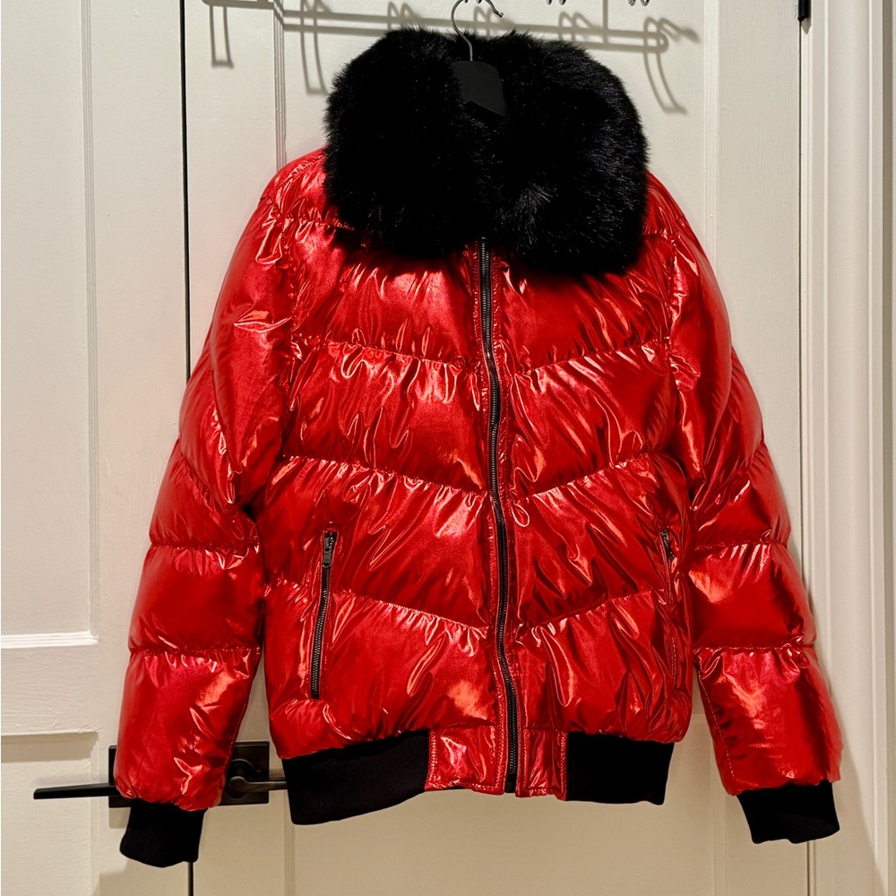 NWT Jordan Craig Vibrant Red Puffer Jacket with Removable Black Faux Fur Collar